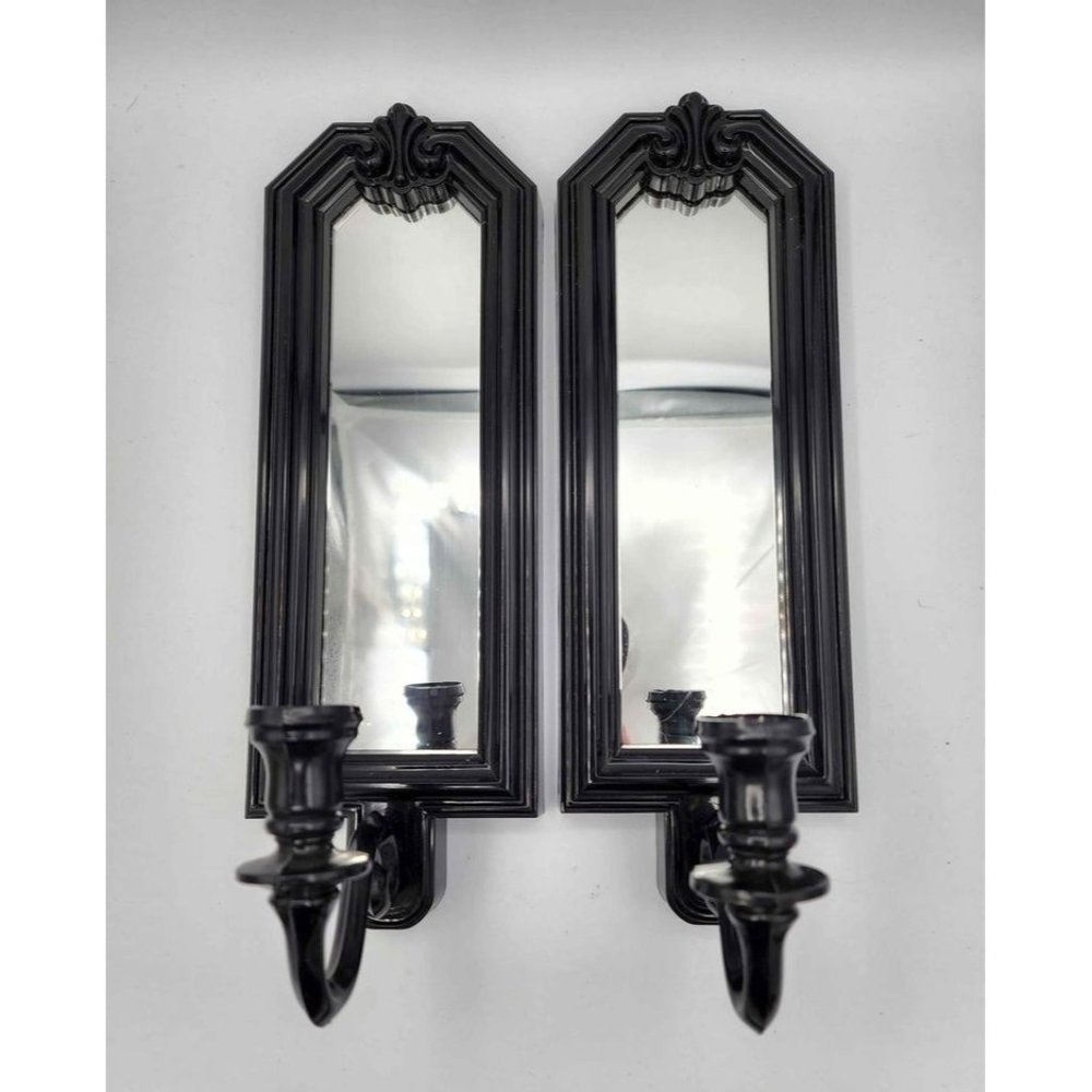 Vintage Set of 2 Home Interiors Mirrored Sconces - Shiny Black!